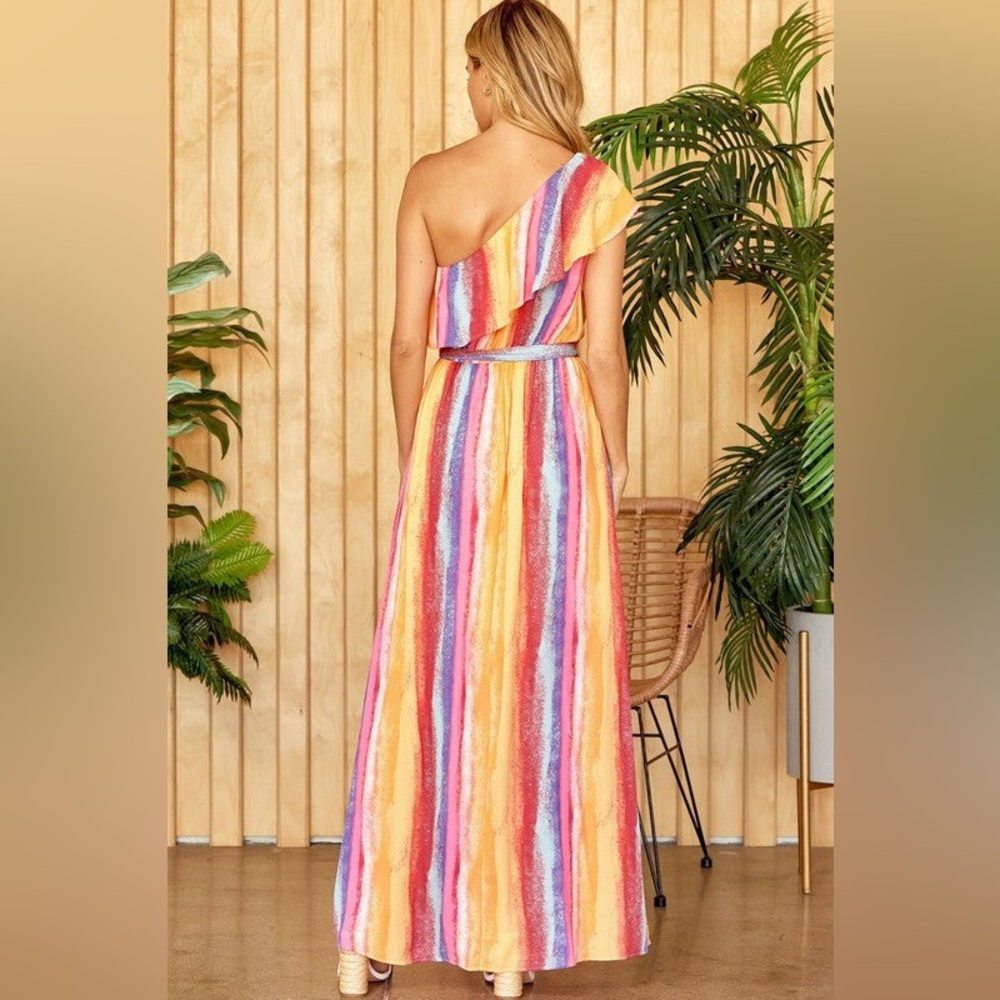 One-Shoulder Rainbow Stripe Maxi Dress in Yellow Pink Blue - Picture 6 of 6